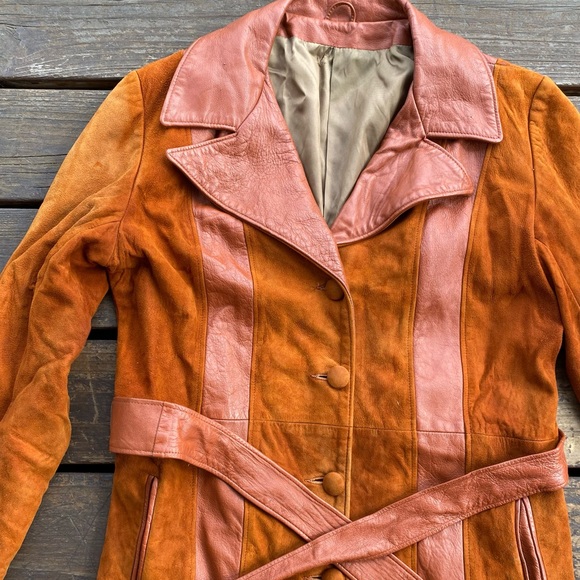 Vintage leather suede longline coat rusty orange patchwork - Picture 2 of 8